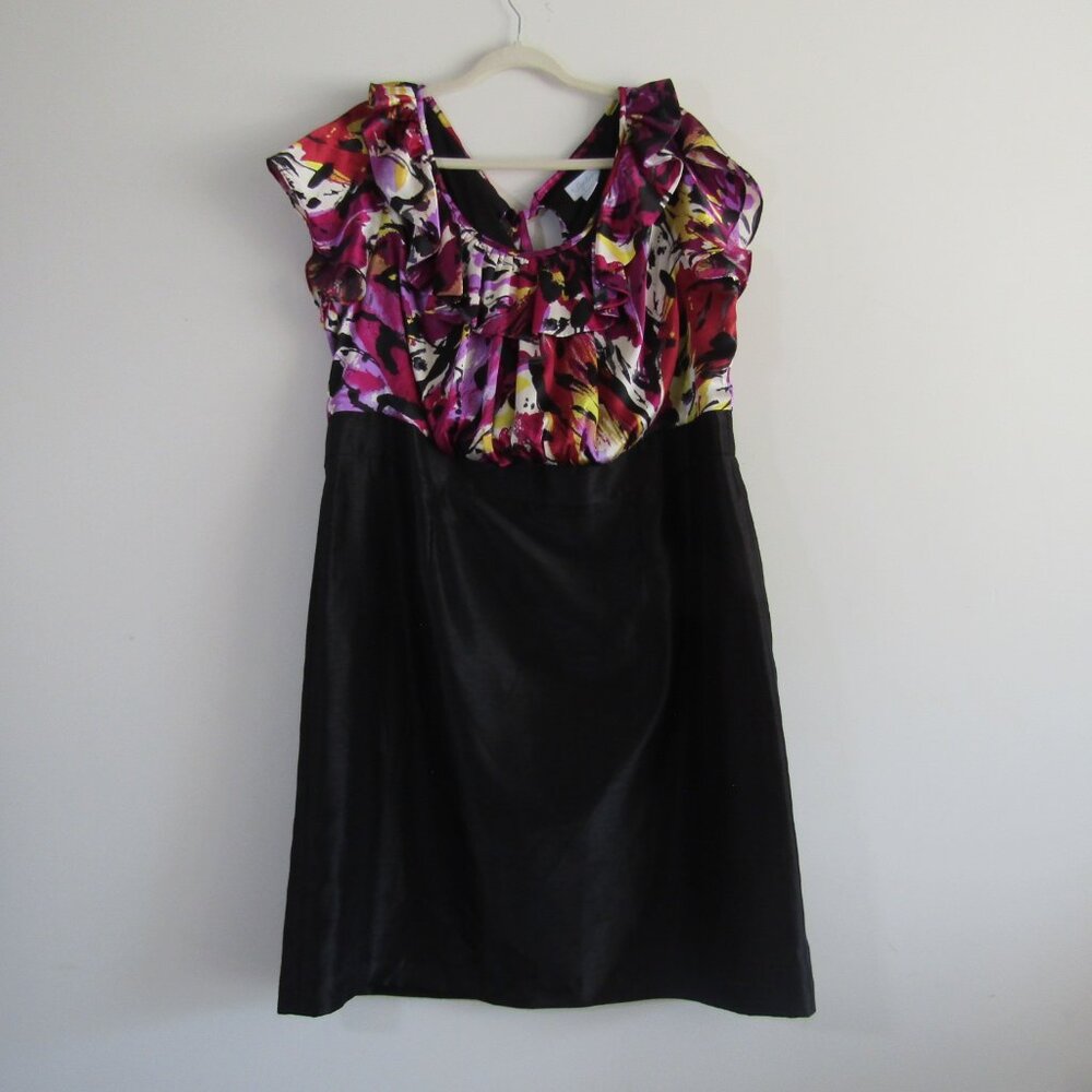K Jordan Women's Sheath Dress 20W Black Pink Floral Satin Ruffle Business Church